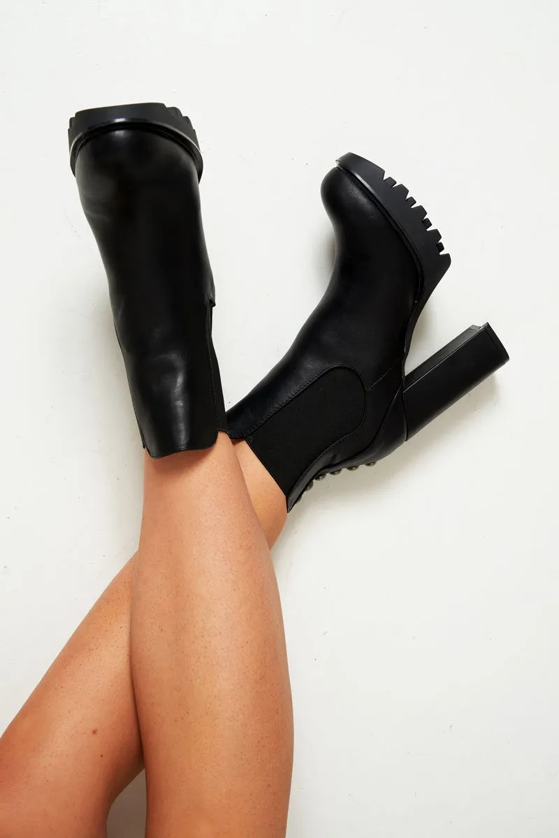 Black PU Stud Detail Heeled Chunky Chelsea Boots - Zoeygrace