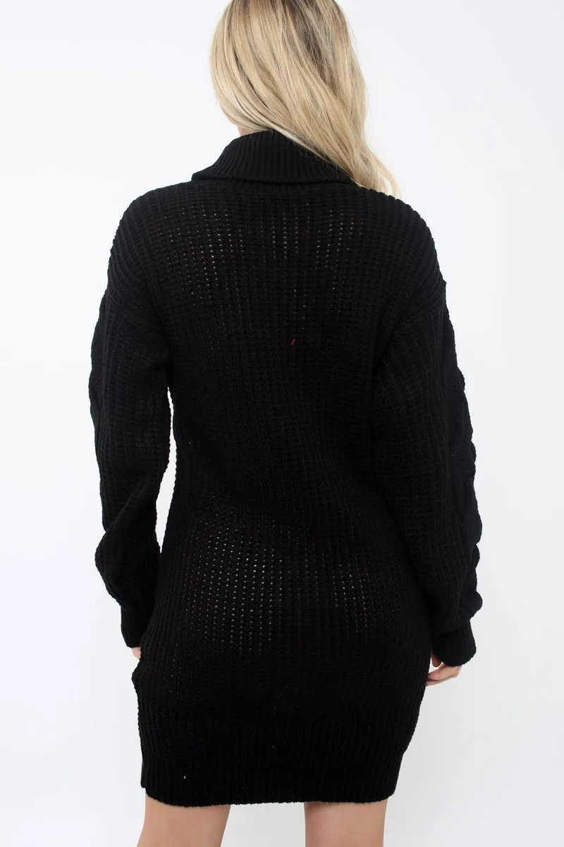 Black Roll Neck Cable Knit Jumper Dress - Dawn