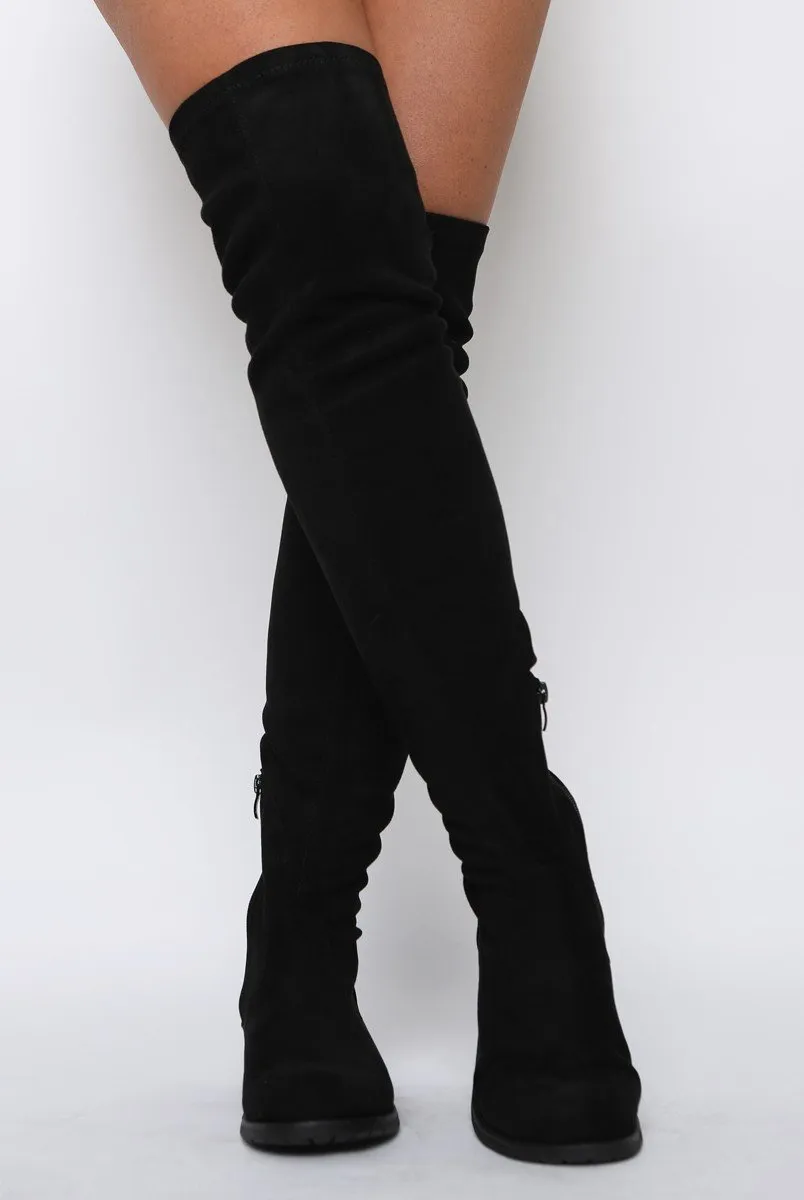 Black Suede Flat Over The Knee Boots - Charmony