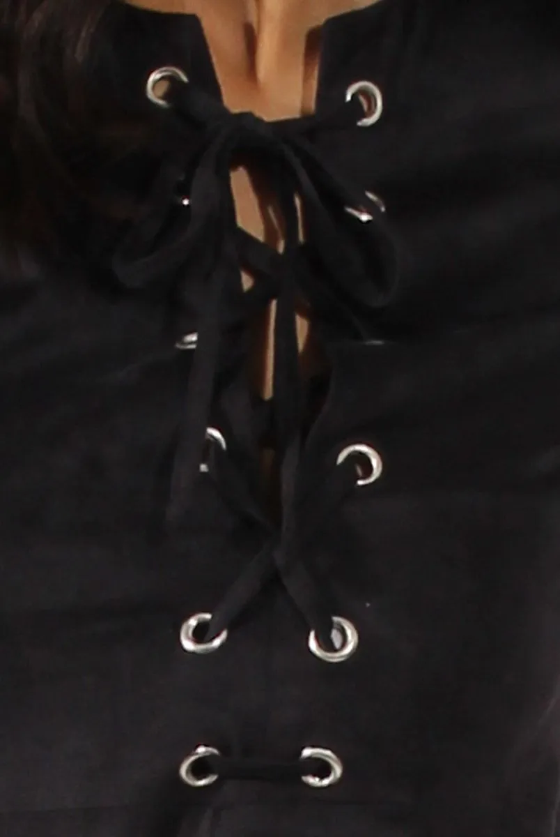 Black Suede Lace Up Eyelet Skater Dress - Desire