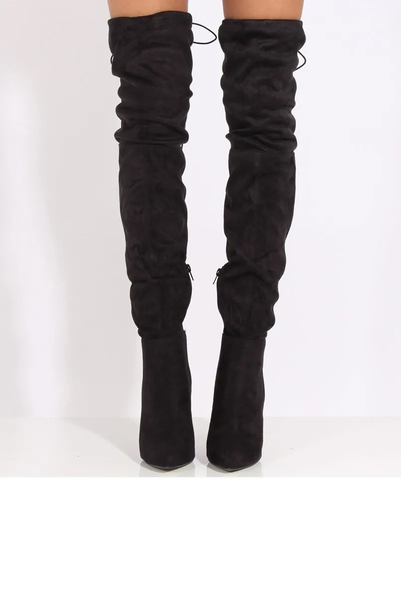 Black Suede Over the Knee Drawstring Stiletto Boots - Avery