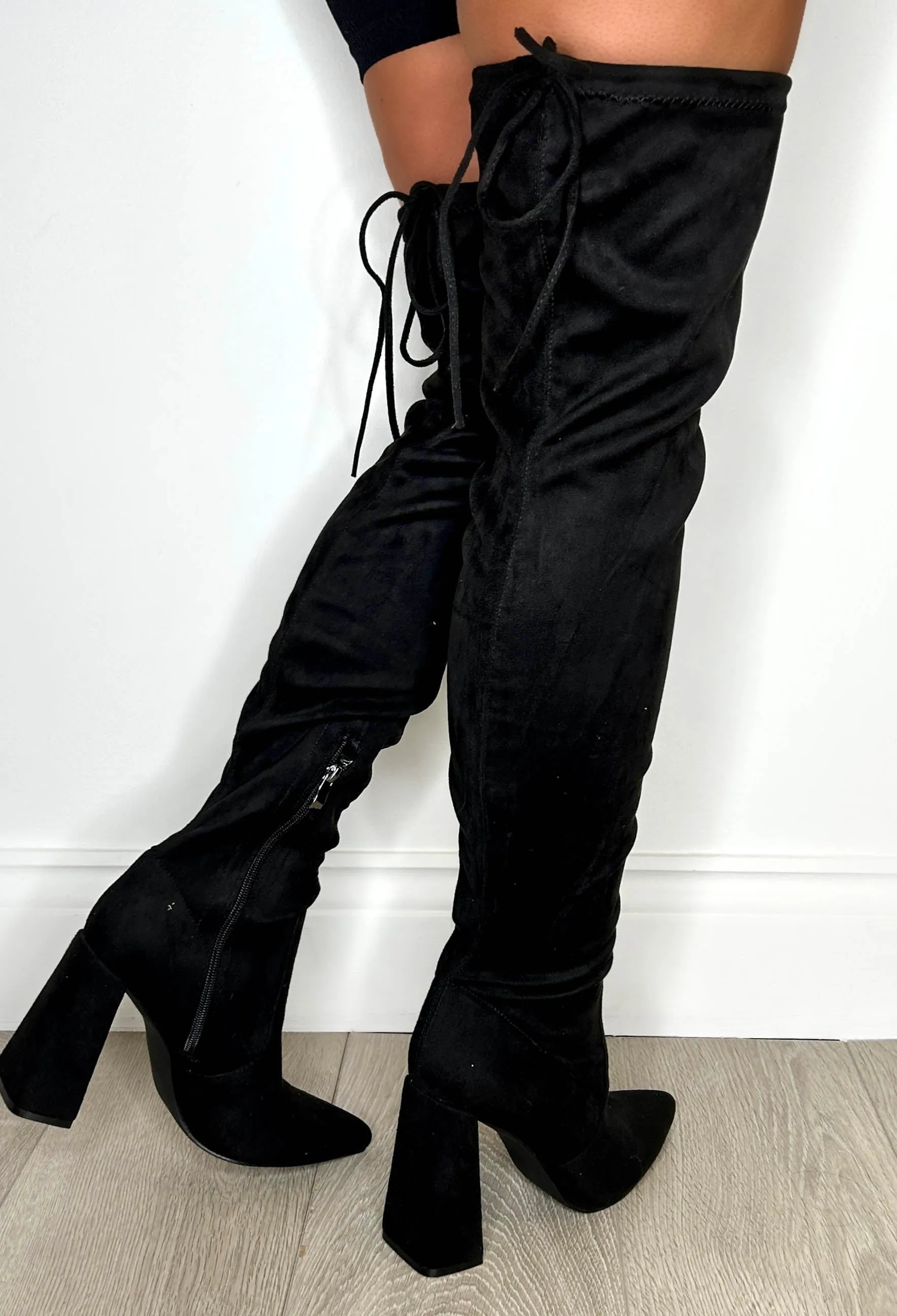 Breaking The Rules Black Stretch Suede Over The Knee Block Heel Boots