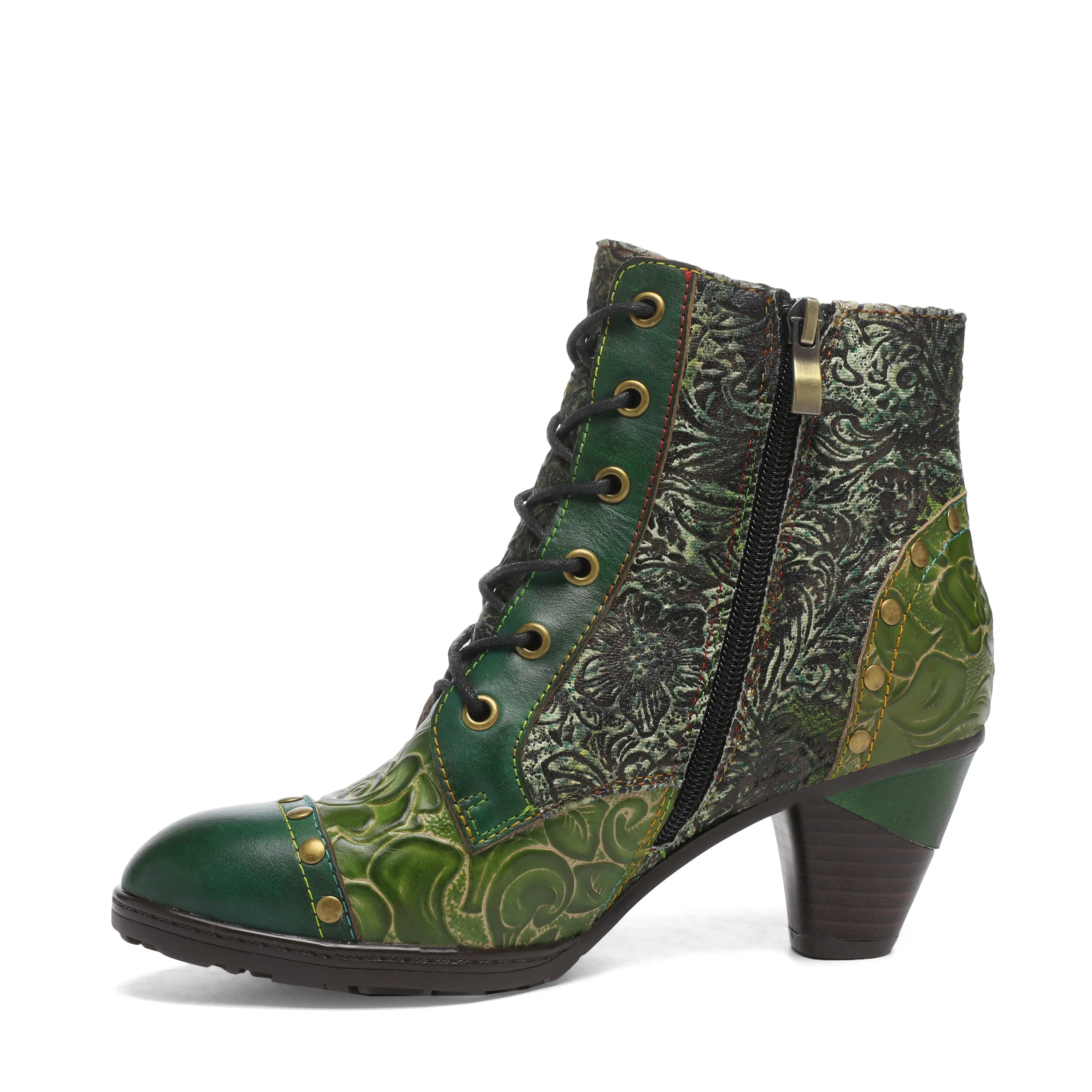 CrazycatZ Womens  Boots Bohemian Block Heel Leather Floral Boots Colorful Leather Heeled Ankle Boots Studded Green