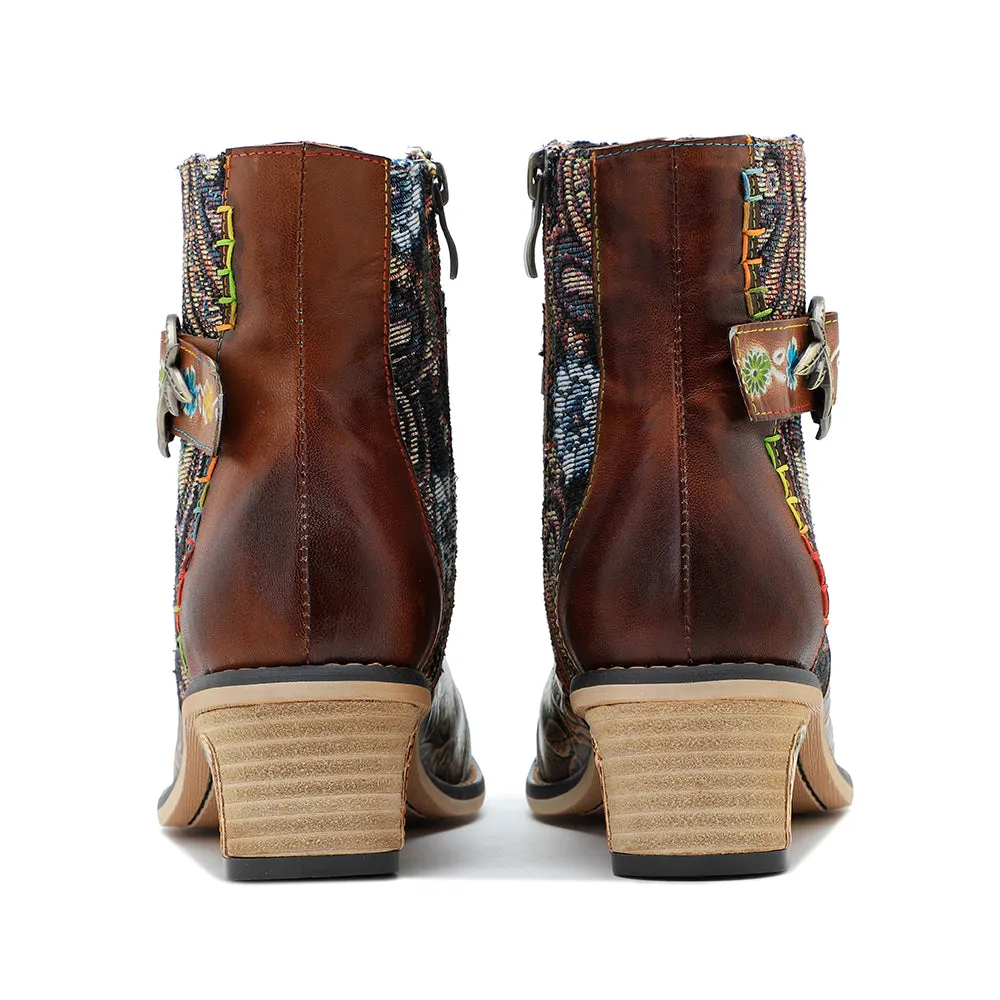 CrazycatZ Womens  Boots Bohemian Block Heels Leather  Colorful Ankle Boots 0608