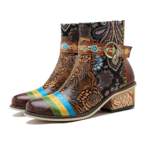 CrazycatZ Womens  Boots Bohemian Block Heels Leather  Colorful Ankle Boots 0608