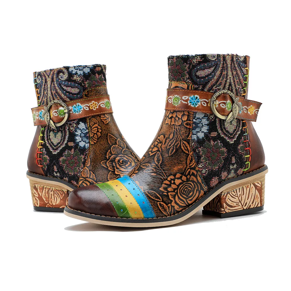 CrazycatZ Womens  Boots Bohemian Block Heels Leather  Colorful Ankle Boots 0608