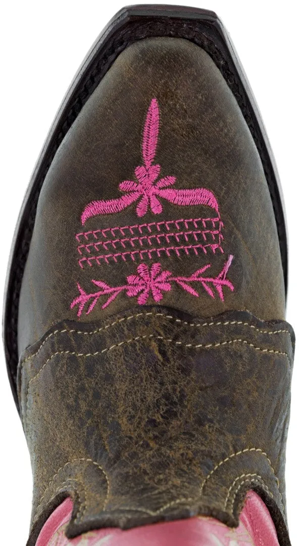 Girls Kids Pink 2 & Brown Floral Embroidered Cowgirl Boots Snip Toe
