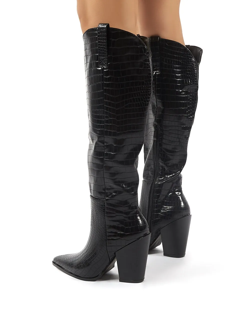 Grenade Black Croc Western Heeled Knee High Boots