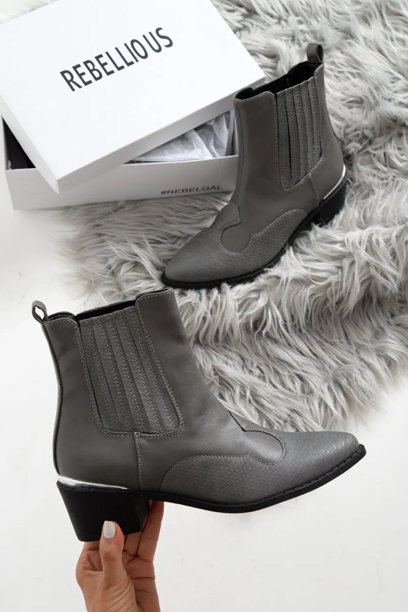 Grey PU Cowboy Ankle Boots - Keko