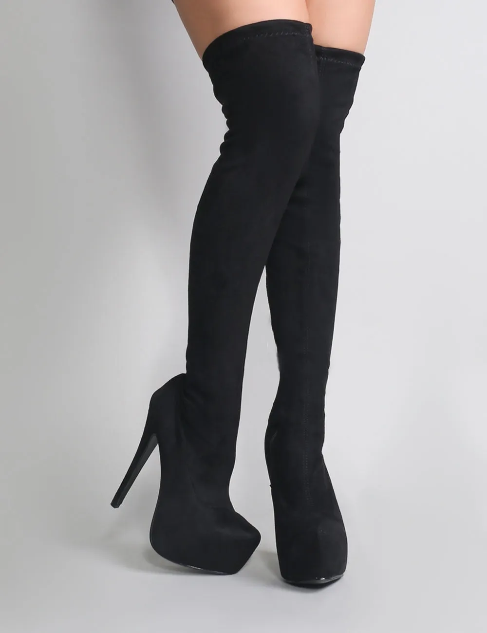 Kellie Platform Over The Knee Boots in Black Faux Suede