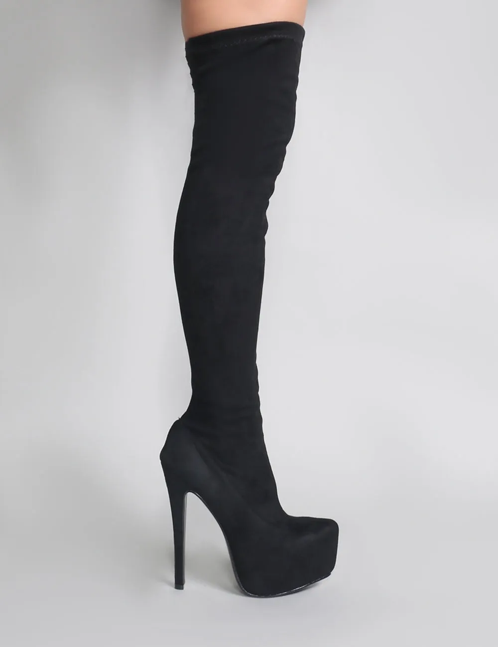 Kellie Platform Over The Knee Boots in Black Faux Suede