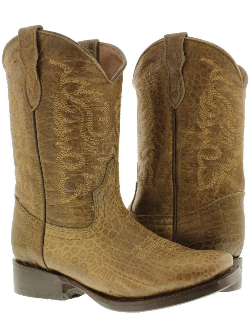 Kids Toddler Light Brown Leather Cowboy Boots Sea Turtle Print