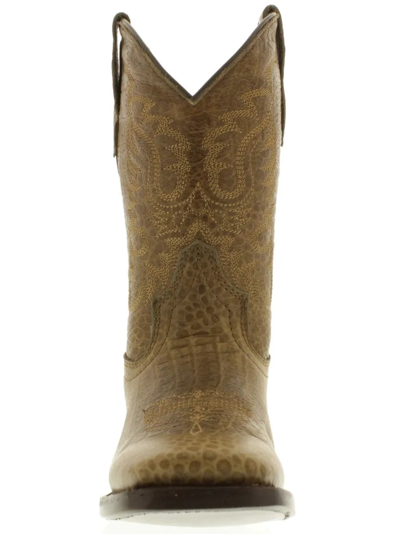 Kids Toddler Light Brown Leather Cowboy Boots Sea Turtle Print