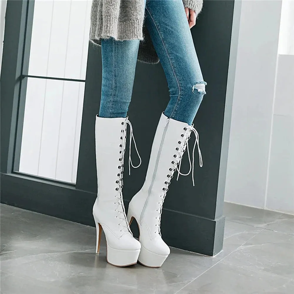 Merendy Syriana Platform High Heels Lace-up White Victorian Knee High Boots