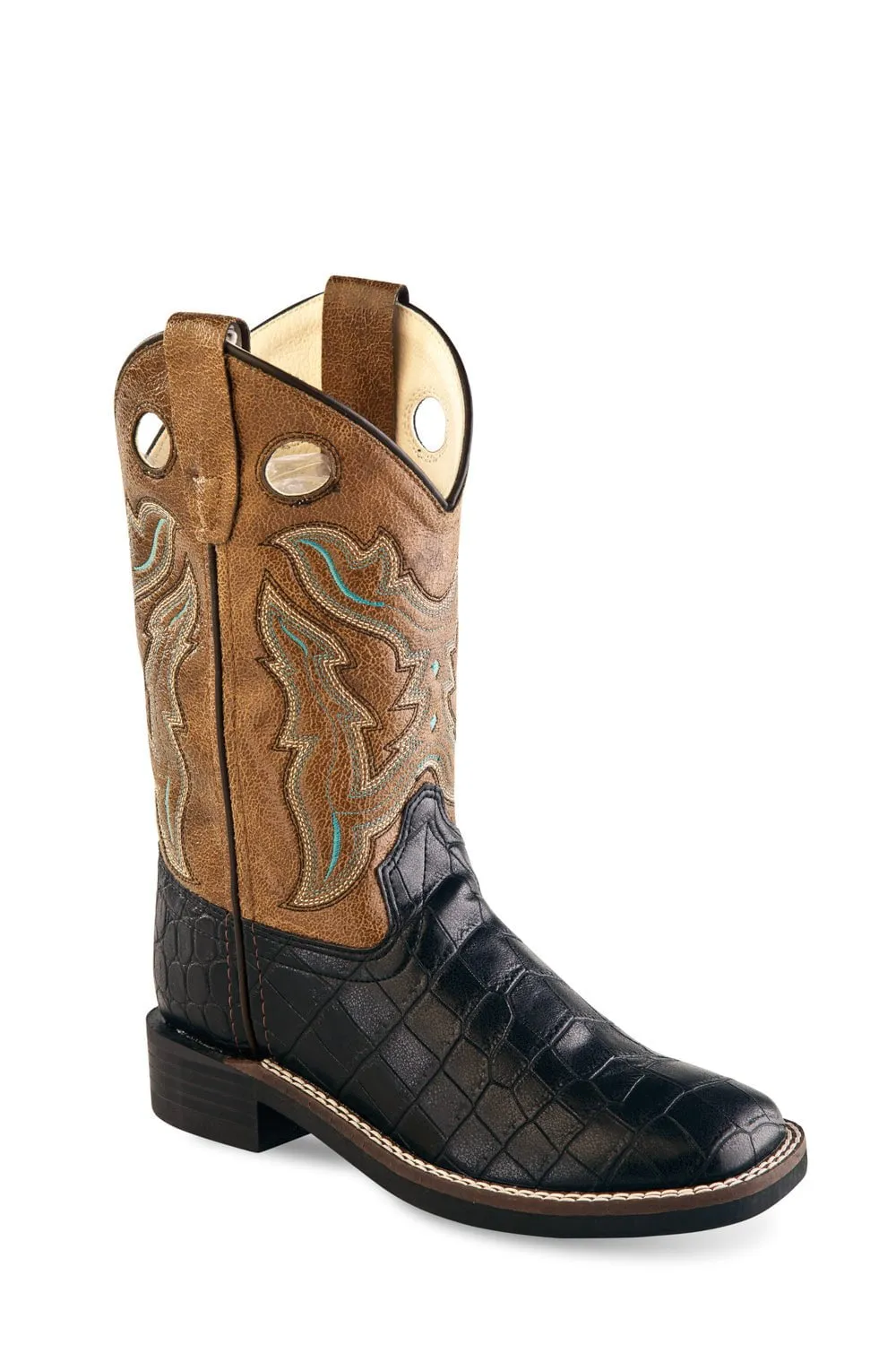 Old West Black/Tan Kids Boys Faux Leather Croc Cowboy Boots 1.5D