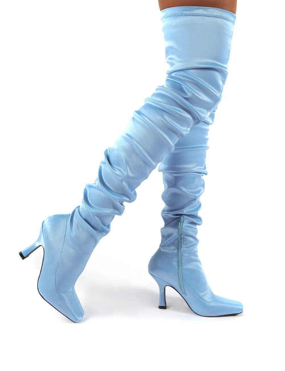 Outlaw Blue Ruched Over The Knee Heeled Boots