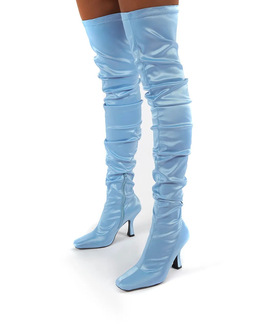 Outlaw Blue Ruched Over The Knee Heeled Boots