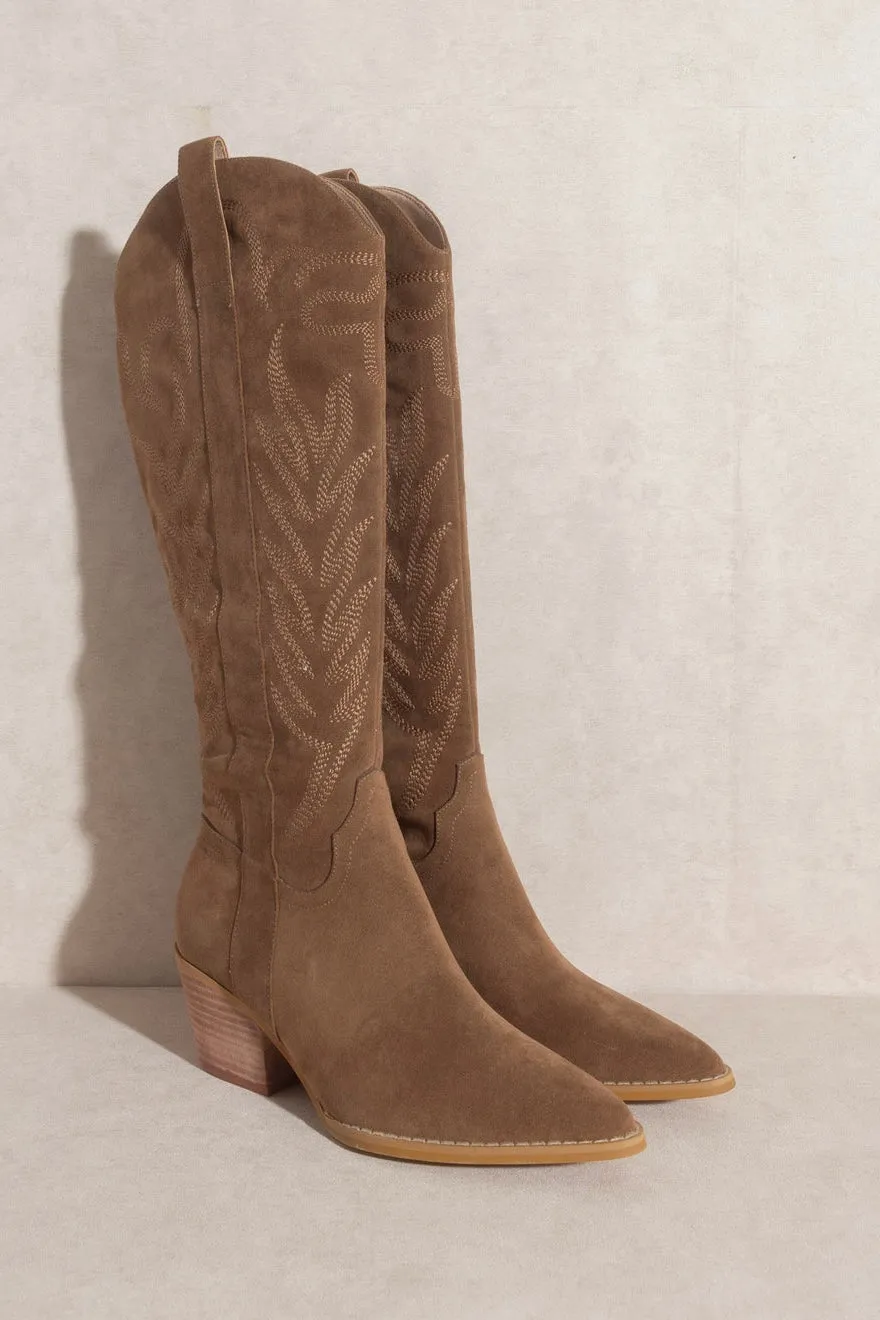 Samara Knee High Cowboy Boots: Brown Suede