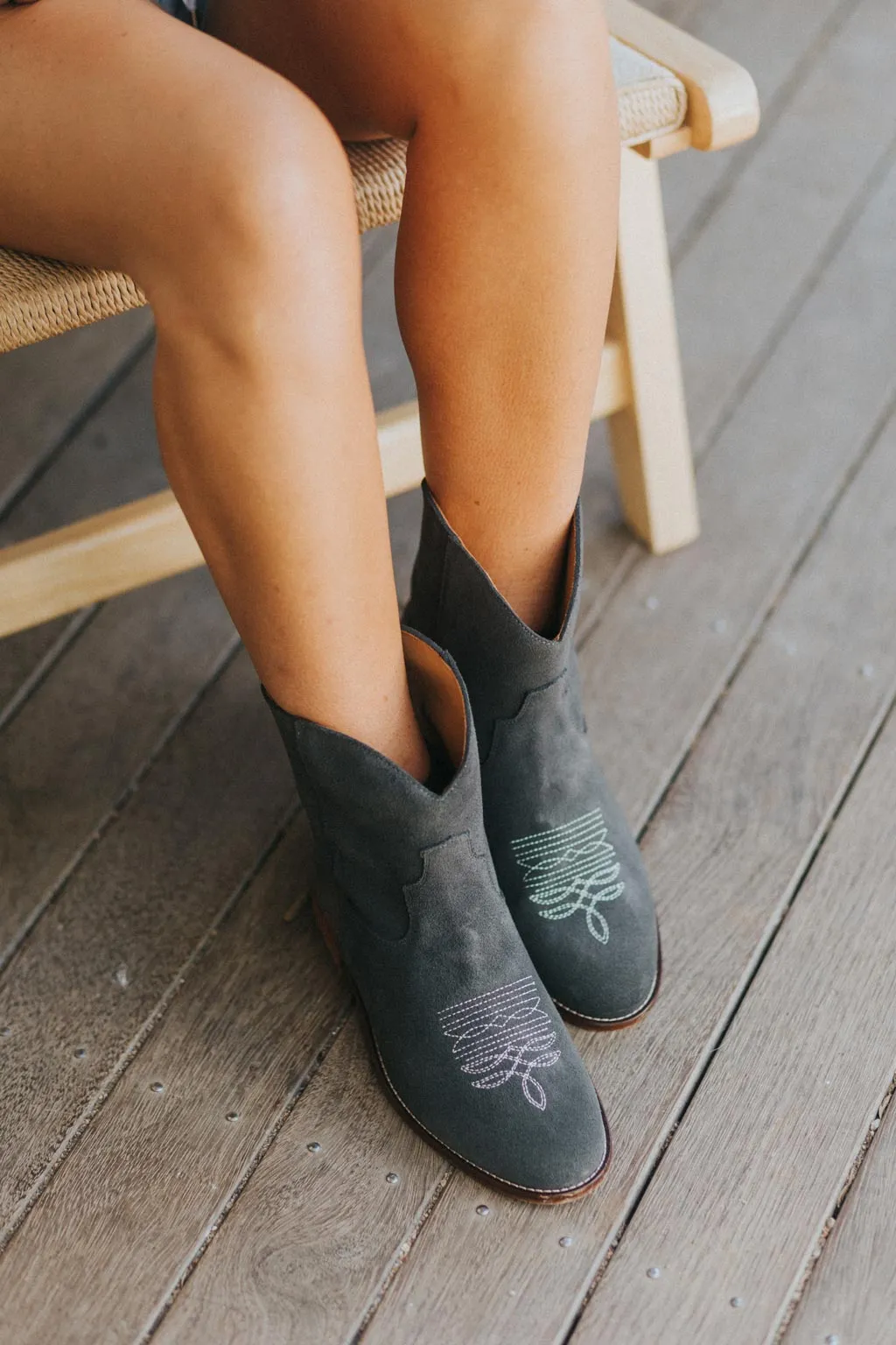 SECONDS - Daisy Round Toe Western Ankle Boots - Grey Suede