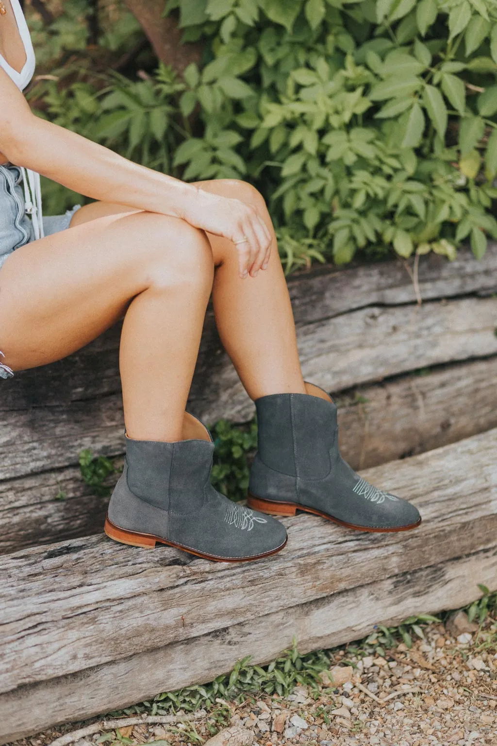 SECONDS - Daisy Round Toe Western Ankle Boots - Grey Suede