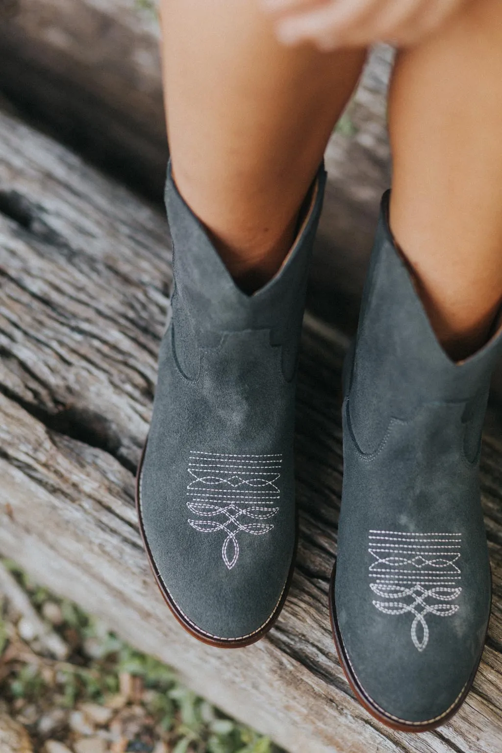 SECONDS - Daisy Round Toe Western Ankle Boots - Grey Suede
