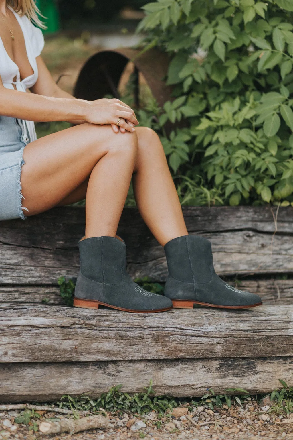 SECONDS - Daisy Round Toe Western Ankle Boots - Grey Suede