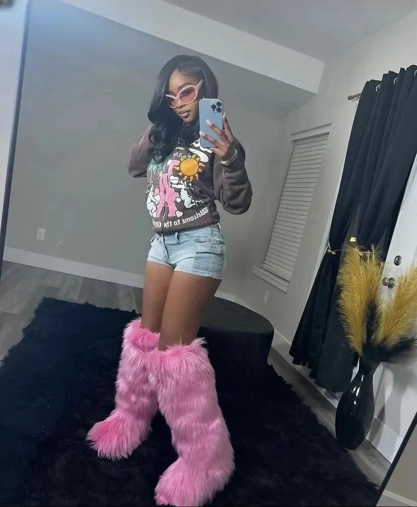 Trendy Thigh High Fluffy Fur Long Knee High Boots