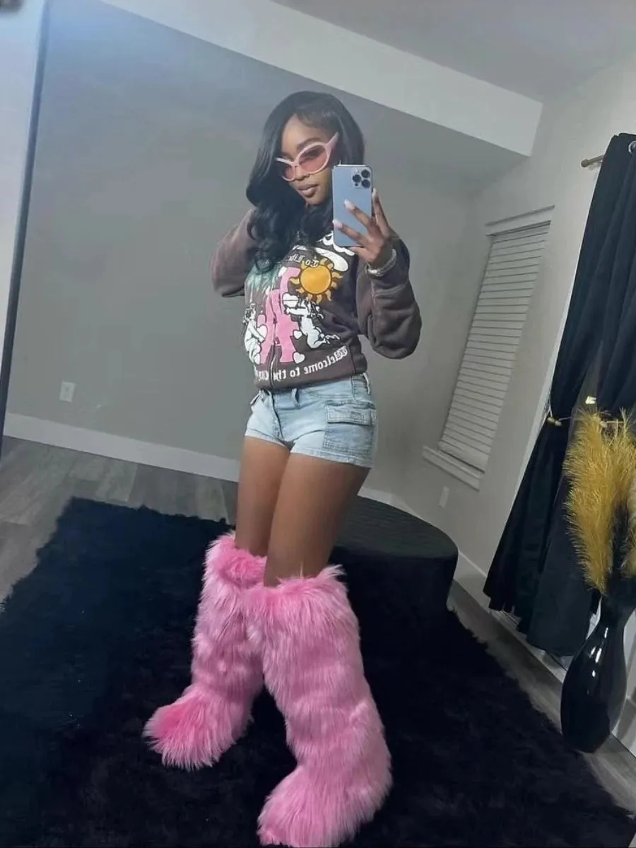 Trendy Thigh High Fluffy Fur Long Knee High Boots