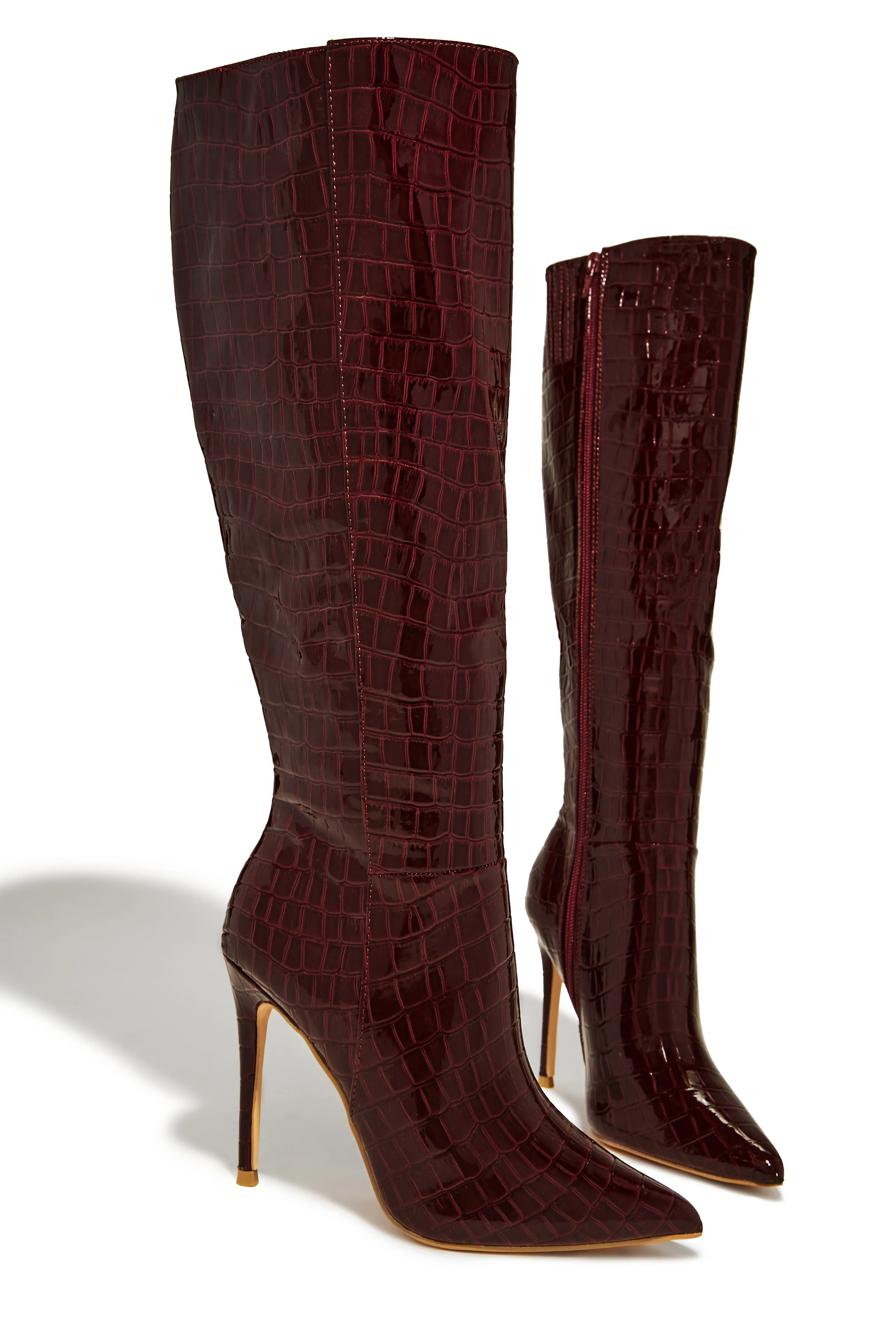 Trisha Knee High Heel Boots - Cherry